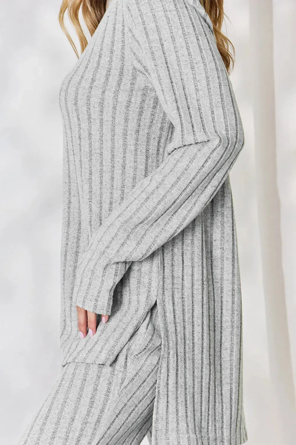 Basic Bae Full Size Ribbed High-Low Top and Wide Leg Pants Set - Love Salve